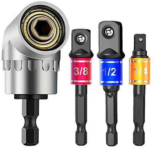 CIGOTU Impact Grade Power Hand Tools Driver Sockets Adapter Extension Set, 3Pcs 1/4 3/8 1/2 Hex Shank Drill Nut Driver Bit Set + 105 Degree Right Angle Driver Extension Screwdriver Drill Attachment