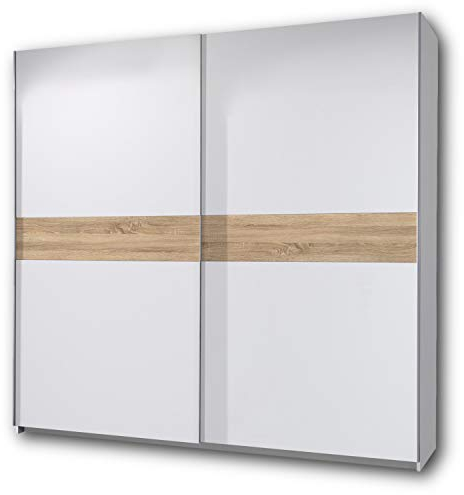 PULS Eleganter Kleiderschrank mit viel Stauraum - Vielseitiger Schwebetürenschrank in Weiß, Bauchbinde Sonoma Eiche - 215 x 210 x 58 cm (B/H/T)