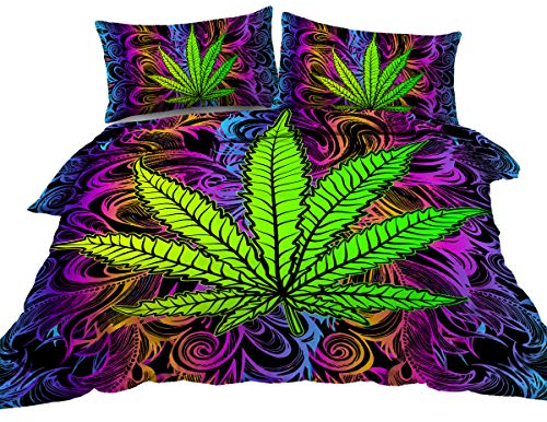BlessLiving Bettbezug Set Cannabis Leaf Bettwäsche 3 STK. Rainbow Weed Bedding Trippy Leaves Bett Set Bohemian Green Purple Bettdecke (1 Bettbezug 200 x 200 cm +2 Kissenbezug 80 x 80 cm)