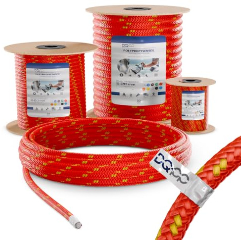 DQ-PP POLYPROPYLENSEIL – 14mm – 90m – ROT – Traglast bis 1640 kg Flechtleine Textilseil Schnur Rope Kordel Kunststoffseil geflochten