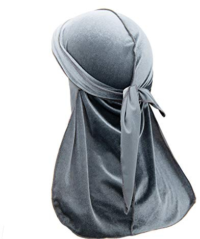 Treer Samt Kopftuch Unisex,Durag mit Long Tail,Piratenkappe Herren/Damen Stirnband Sport Kopfbedeckung,Hip Hop Bandana Fahrrad Motorrad Headwraps (100cm,Grau)
