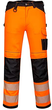 Portwest PW340 PW3 Men's Hi-Vis Cargo Work Trousers with Knee Pads and Pockets - Reflective High Viz Outdoor Safety Workwear, Orange/Black Short, 40