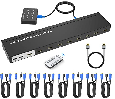 Switch KVM HDMI a 8 porte, Yinker 4K a 30 Hz USB HDMI rack console KVM 8 in 1 Out w/9 cavi 4 hub USB 2.0 selettore desktop telecomando IR e orecchie