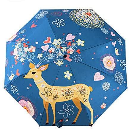 TaissBocco Netter Hirsch Regenschirm Regen Sun Compact Automatischer Regenschirm Sunblock Winddicht für Frauen Männer Mädchen Jungen (T5)
