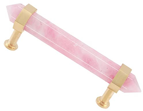 mookaitedecor Brushed Brass with Rose Quartz Double Crystal Points Drawer Pulls Cabinets Handles Door Knobs for Dresser Cupboard Kitchen Decor