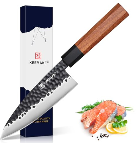 KEEMAKE Deba Knife 6 inch, Double Bevel Japanese 440C Stainless Steel Fish/Fillet Knife with G10 Bolster Octagonal Wood Handle