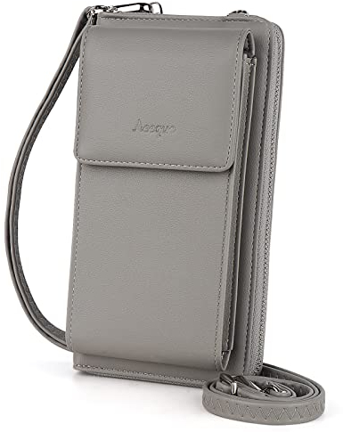 Aeeque Handytasche mit Geldbörse zum Umhängen,Damen Handytasche zum Umhängen mit 14 Kartenfächer,Handytasche mit Portemonnaie PU Leder für Reisen,Klein Umhängetaschen für Handy unter 7 Zoll - Grau