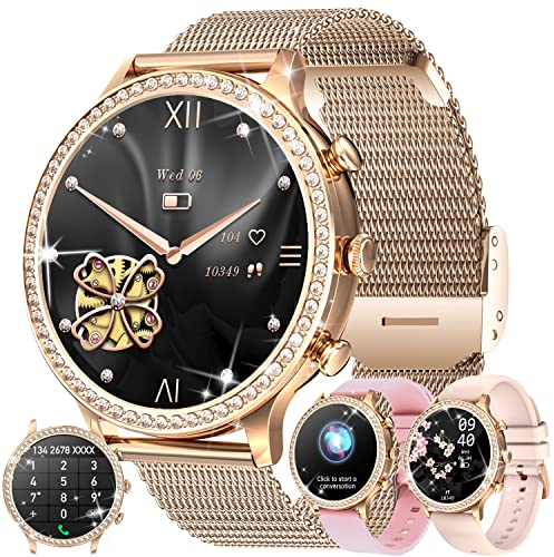 Smartwatch Damen mit Telefonfunktion, 1,32 Fitnessuhr Diamond Damen, Fitness Tracker Uhr mit Menstruationszyklus, Herzfrequenz, SpO2, Schlafmonitor, Schrittzähler, Armbanduhr für Android iOS (Gold)