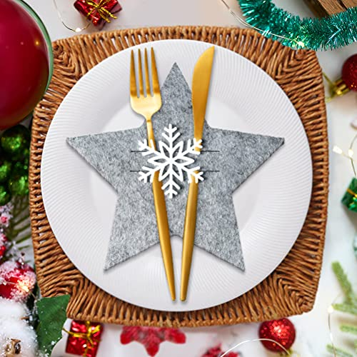Besteckhalter Weihnachten Filz, 12 Stück Bestecktasche Stern Besteckbeutel Tischdekoration, Grau Weihnachts Schneeflocken Messer Gabeln Löffel Geschirr Besteck Taschen für Party Tisch Weihnachtsdeko