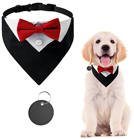 URROMA Red Formal Tuxedo Bandana, Cotton Wedding Collar With Bow Tie and Neck Tie for Dogs and Cats, M
