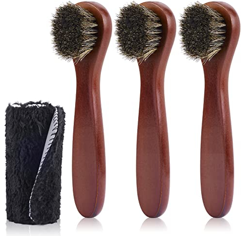 3 Piece Horsehair Shoe Brushes, Shoe Polish Applicator Kit, Leather Shoes Boot Cleaning Brush Care Clean Dauber Applicators Premium Horsehair Cleaning Brushes and Buffing Cloth Set