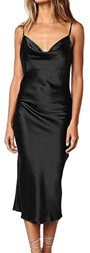 xxxiticat Abito da donna senza maniche, con spalline sottili, in raso, per cocktail, spiaggia, sera, feste, cowl collo, Z-nero, M