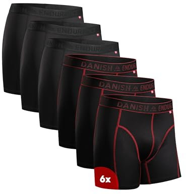 DANISH ENDURANCE Mens Boxers, Anti Chafing, Long Leg or Regular, Sports Underwear Men, Running Boxers, 6 Pack, Multicolor (3x Black, 3x Black/Red Seams), XX-Large