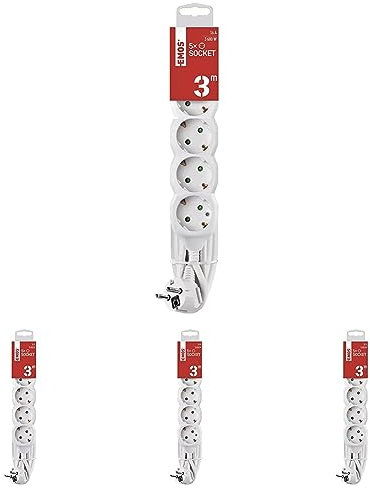 EMOS Steckdosenleiste 5-Fach, 3 m Kabel, weiß, 1,5 mm, Steckdosen 45° gedreht, 5-Fach Schuko Mehrfachsteckdose mit erhöhtem Berührungsschutz, IP20 für Innenbereich (Packung mit 4)