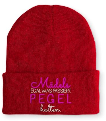 tshirtladen Mädels egal was passiert, Pegel halten. Statement Beanie Mütze mit Spruch, Farbe: Rot