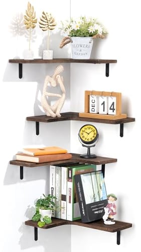 Walasis Eckregal Hängend Eck Regale Wand 4er Set Holz Wandregal Vintage Holzregal Rustikal Wanddeko Dunkelbraun