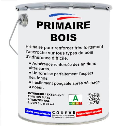 Primaire Bois - Codeve Bois - 5 L/ral 9010 - Blanc Pur - Intérieur/extérieur - Pour Renforcer L'adhérence Sur Votre Bois Avant Une Finition.