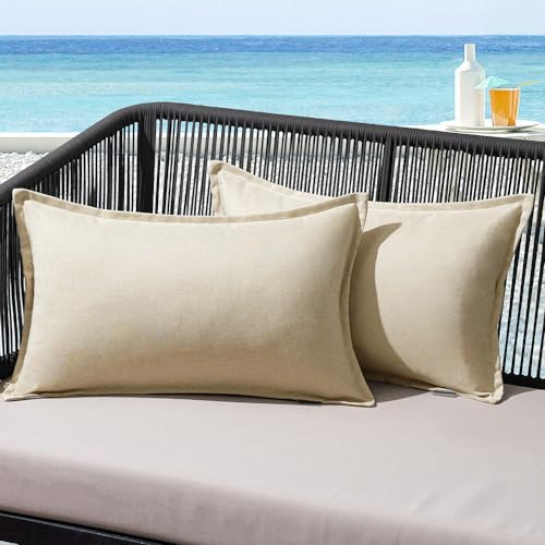 MIULEE Outdoor Kissen Wetterfest Kissenbezug Wasserdichter Dekorative Kissenbezüge Leinen-Optik Sofakissen Dekokissen für Garten Sofa Couch Wohnzimmer Schlafzimmer 2er Set 30x50cm Beige
