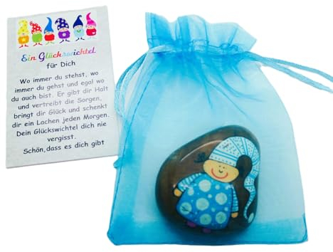 Andys Steinwelt Glücksbringer Glückswichtel Stein ca. 4 cm, Organza-Säckchen mit Geschenkkarte, Glückssteine als Gute Besserung Geschenke, Mitbringsel zum Geburtstag, bemalte Steine 415
