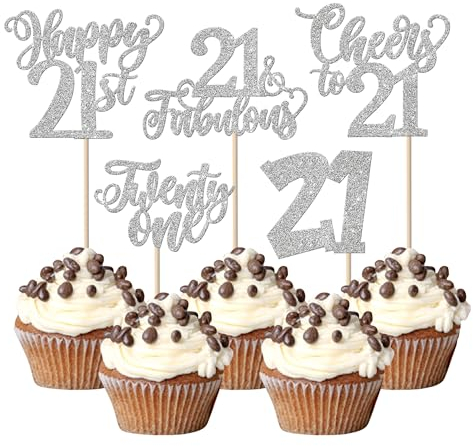 SYKYCTCY 30 Pack 21st Birthday Cupcake Toppers Glitter Twenty-one Cheers to 21 Fabulous Cupcake Picks Happy 21st Birthday Cupcake Decorations Anniversary Party Supplies Silver