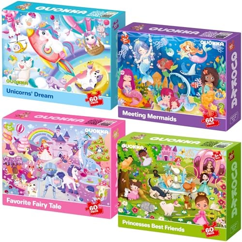 QUOKKA Jigsaw Puzzles For 3 4 Year Olds - 4x60 Jigsaws for Children Age 5 6 7 - Kids Puzzles For Learning Princess Mermaids - Unicorn Gift Toy for Boys & Girls 5-8 yo