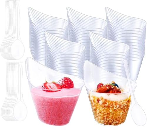Réutilisables Verres à Dessert en Plastique avec 50 Cuillères, 200ml Mini Tasses Coupes Desserts Gobelets Verrines Plastiques Aperitif DIY Coupe à Dessert pour Pudding, Mousse, Crème Glacée