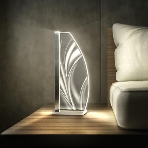 Luverre Tischlampe | LED-Leuchte | Glas-Leuchte mit Gravur für Nachttisch, Kommode, Wohnzimmer | Abstrakt, Geometrie, Kunst (Wave, Segel | silber)