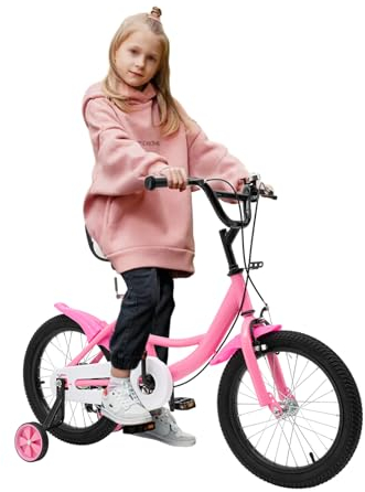 Kinderfahrrad 16 Zoll Mädchen & Jungen Fahrrad Kinder ab 3-6 Jahre Unisex Freestyle Kinderfahrräder, Höhenverstellbar Kinder Fahrrad mit Abnehmbare Stützräder, Rücktrittbremse & Kettenabdeckung (Rosa)