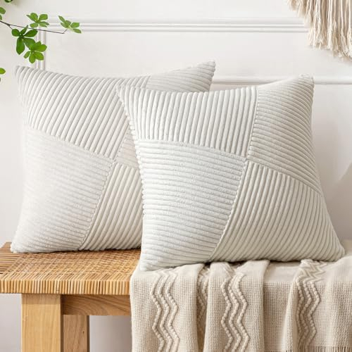 MIULEE Kissenbezug 40x40 Creme Kordsamt 2er Set Kissenbezüge Zierkissenbezug Kissenhülle Sofakissen Dekokissen Streifen Muster Patchwork Design für Wohnzimmer