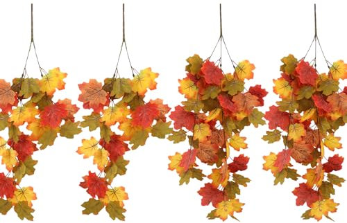 JOYWU 4 Pack Fall Leaves Wall Hanging Plants,60-75cm Artificial Hanging Maple Leaves Vines,Fall Fake Hanging Ivy Vines,Autumn Faux Maple Leaves Hanging Vines,Thanksgiving Maple Leaf Garland Decor