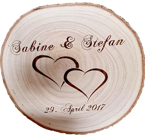 Baumscheibe mit Gravur Name und Datum Hochzeitstag Jahrestag Geburtstag Geschenkidee Brautpaar Hochzeitsgeschenk dekorativ Personalisierte Holzscheibe (Baumscheibe 20-24 cm - Doppelherz)