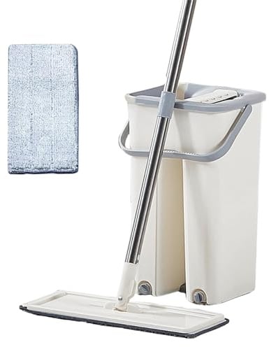 Flacher Wischmopp | Squeeze Mop Set | Wischmopp und Eimer Set | Squeeze Mop und Eimer Set | Flachwischer mit Auswringer | No-Touch Reinigungssystem für effiziente Nass- und Trockenbodenpflege