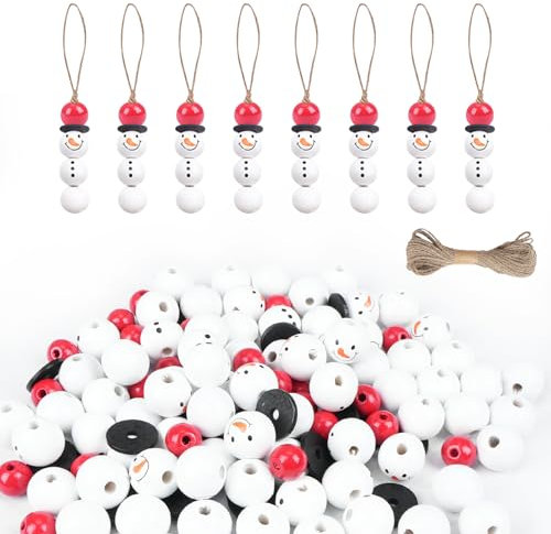 KINDPMA 150 Piezas Cuentas de Madera Cara de Muñeco de Nieve con 10m Cuerda de Cáñamo Cuentas de Madera para Manualidades de Navidad Decoración del árbol de Navidad (Sombrero Rojo)