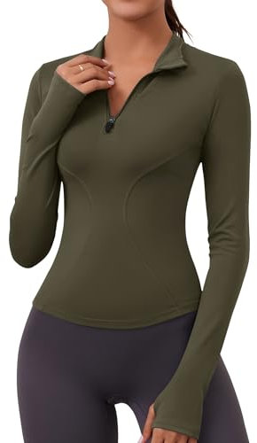 Rapbin Women's Gym Tops Long Sleeve Half Zip Sweatshirts Fitness Tops with Thumb Holes Hiking Running Cycling Yoga Gym Shirts Army Green S