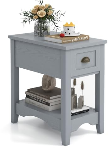 CASART Narrow Side Table, Slim End Table with Drawer & Storage Shelf, 2-Tier Wooden Bedside Table Nightstand for Bedroom Living Room Small Spaces (1, Grey)