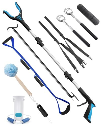 Kekoy 10 Piece Hip Replacement Recovery Aids for Limited Mobility with Grabber,Sock Aid,Dressing Stick with Shoehorn,Leg Lifter,Bath Sponge,Back Scratcher,Button Hook Helper,Pill Organizer(Blue)