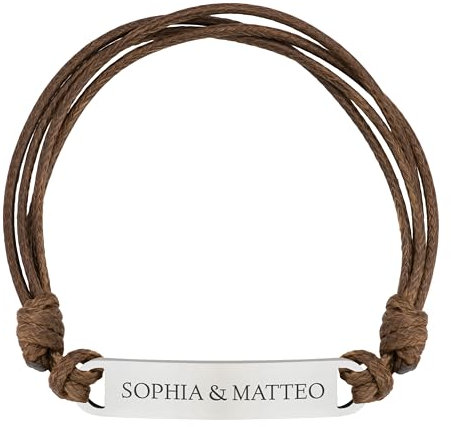 Lumari Gold Personalisierte Gravur Armband - Partner Armband mit Namen, Edelstahl Platte für Damen & Herren - Langlebiges Geschenk zum Geburtstag, Braun/Silber