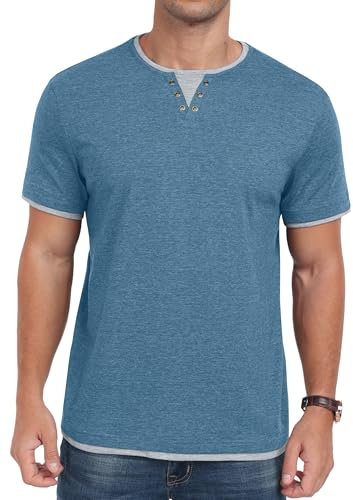 Hisir Mens T Shirt Summer Henley Short Sleeve Regular Fit Round Neck Casual Tops Classic Color Block Tee Shirts (Blue Grey, L)