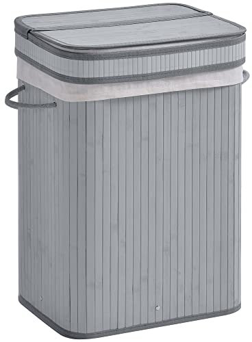 HOMCOM Bambus Wäschekorb schmal mit Deckel 70 L Wäschesammler mit Griffen, herausnehmbarer Wäschesack, Laundry Baskets für Waschküche Schlafzimmer Badezimmer Grau