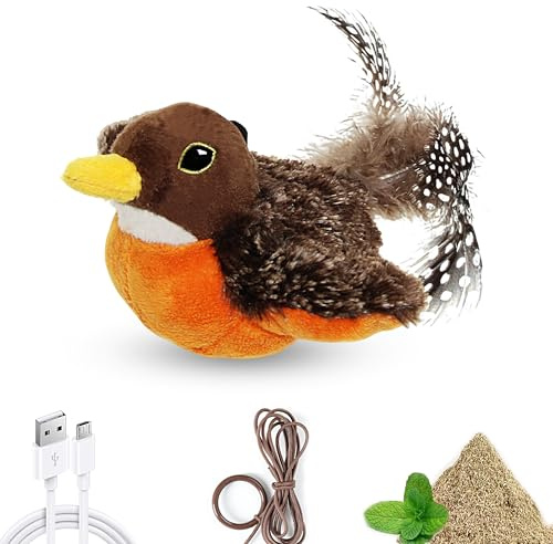 Vealind Flapping Bird Cat Toy USB Rechargeable Interactive Touch Activated Kitten Exercise Toys Hanging Door Simulated Chirping Flying Sparrow Cats Toys