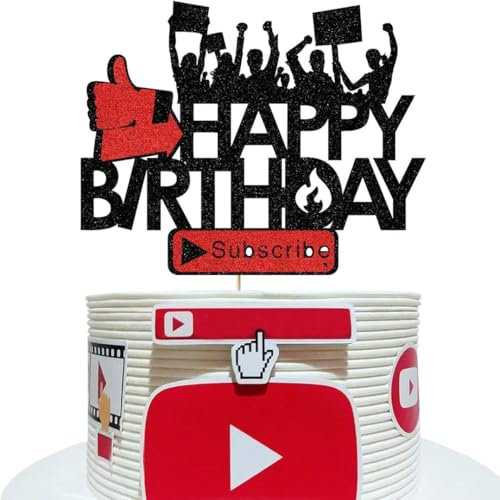 Happy Birthday Cake Topper for You Tube Theme Birthday Party Decorations (6.7W x 5.31H)Black