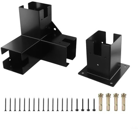Kit de pergola à 90 degrés, kit de support en bois avec supports en acier, support d'angle à angle droit à 3 voies, bois avec vis, kit pergola/tonnelle en acier noir (base + 3T)