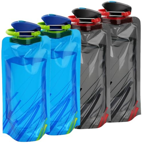 4 Stück Faltbare Trinkflasche, 700ml Wiederverwendbare Trinkflasche Faltbar BPA Freie Wasserflasche mit Clip, Faltbare Trinkflasche Festival Faltbare Trinkflasche Flexible Trinkbeutel für Freien