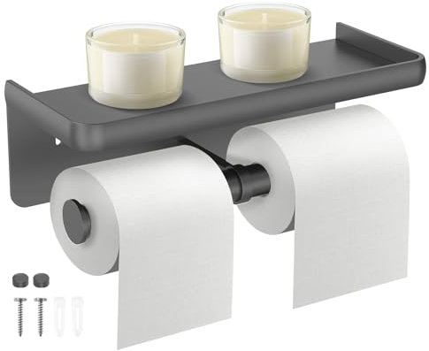 Toilet Roll Holder, Double Toilet Paper Holders with Shelf,Bathroom Tissue Holder Wall Mounted With 2 Screws,Aluminium Alloy Dual Roll Tissue Rack Dispenser Bathroom Accessory(Grey)