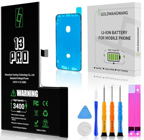 GOLDWANGWANG Batteria per iPhone 13 Pro, 3400mAh Alta Capacità, Compatibile con A2483 A2636 A2638 A2639 A2640, 0 Cicli, Kit di Riparazione Completo, Certificato CE/RoHS/FCC