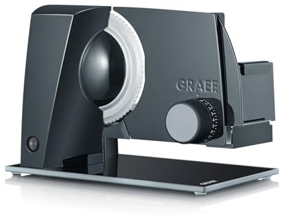GRAEF Allesschneider STYLE S12002 Schwarz mit Glasbodenplatte, Edelstahl-Wellenschliffmesser, stufenlos einstellbare Schnittstärke 0–20 mm, Sicherheitsverschluss, Dauerfunktion und Schnellreinigung