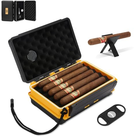 Humidificador de viaje para 5 puros (50RG), juego completo portátil con cortador, soporte, higrómetro y humidificador, set de regalo para los amantes de los puros (amarillo)