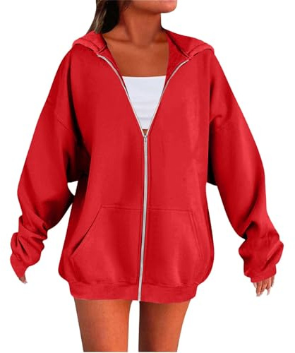 Generisch Hoodie Damen Kapuzenpullover Oversize Casual Pullover Sweatshirt Langarm Baumwolle Pulli Herbst Winter Hoody mit Tasche Flauschiger Pullover Damen Amerikanisches Retro