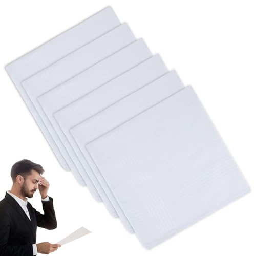 6PCS Men's Handkerchiefs Cotton Large, 100% Soft White Handkerchiefs for Men's Women's Suit for Christmas Grooms Weddings Party Celebration Prom, Premium Large Pure White Pocket Square 16inch/40cm