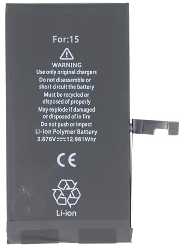 Akku kompatibel mit Apple iPhone 15, Li-Polymer, 3,87V, 3349mAh, 12,98Wh, ohne Werkzeug